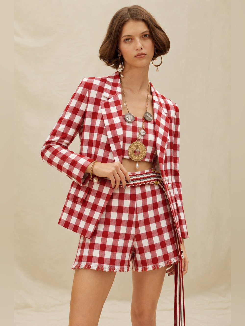 OSCAR DE LA RENTA SOLID WOOL HOUNDSTOOTH RED GINGHAM ONE BUTTON JACKET BLAZER